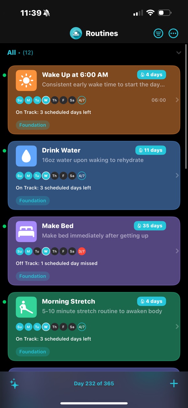 Morning Wins routines list showing Wake Up, Drink Water, Make Bed and Morning Stretch with streaks