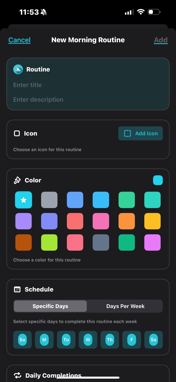 Creating a new morning routine with icon, colour and schedule options