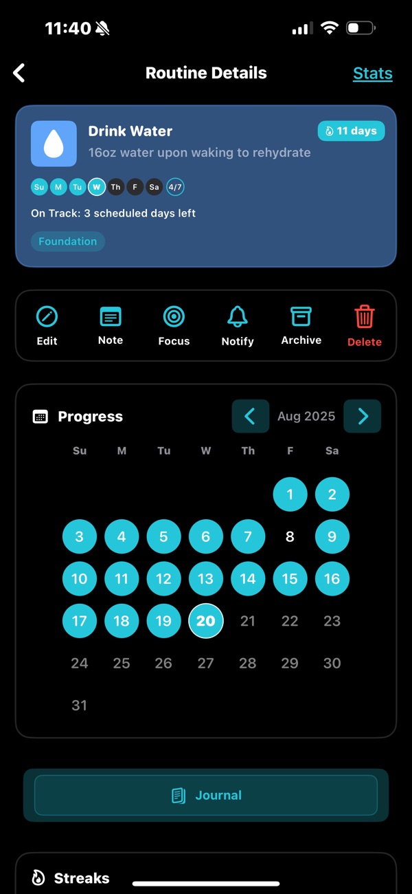 Routine details with a monthly progress calendar and journal button