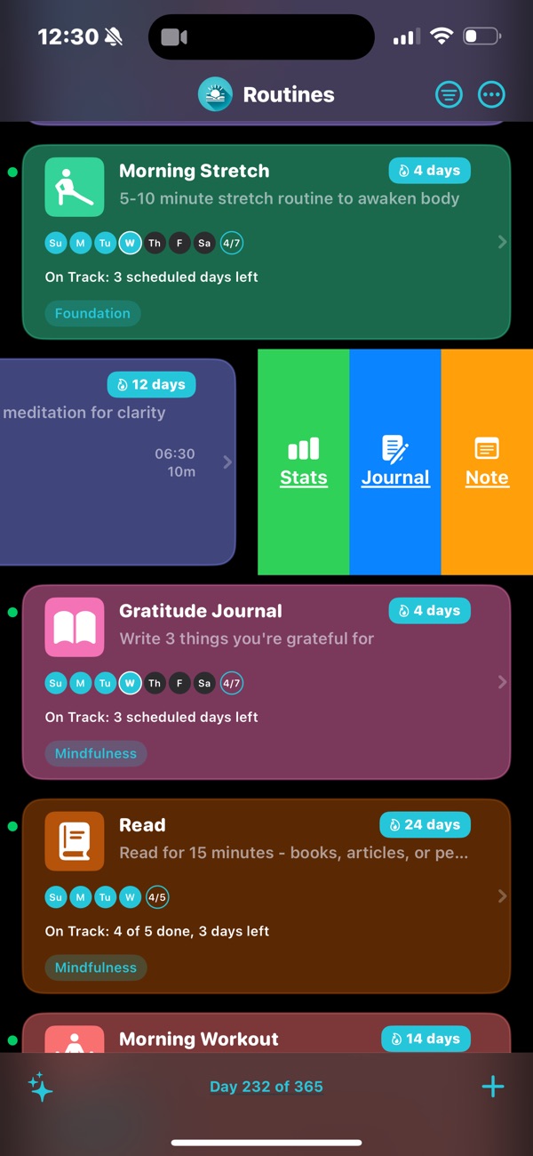 Routines list with swipe actions for stats, journal and notes