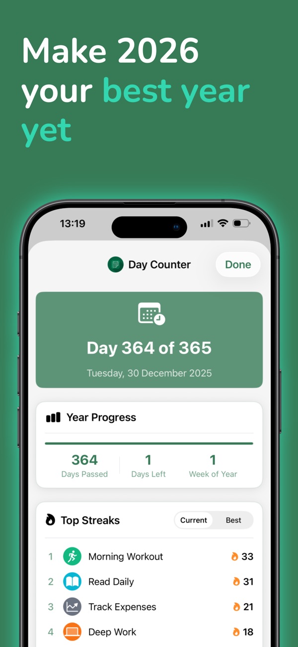 Day counter showing day 364 of 365 with year progress and top streaks