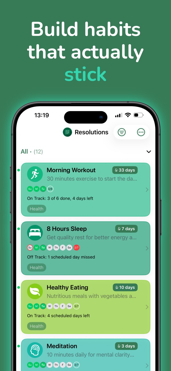 Resolutions list with Morning Workout, 8 Hours Sleep, Healthy Eating and Meditation