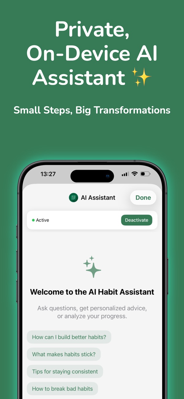 Private on-device AI habit assistant with suggested questions
