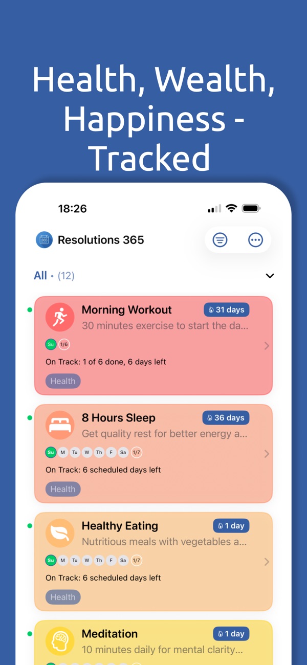 Resolutions list with Morning Workout, 8 Hours Sleep, Healthy Eating and Meditation